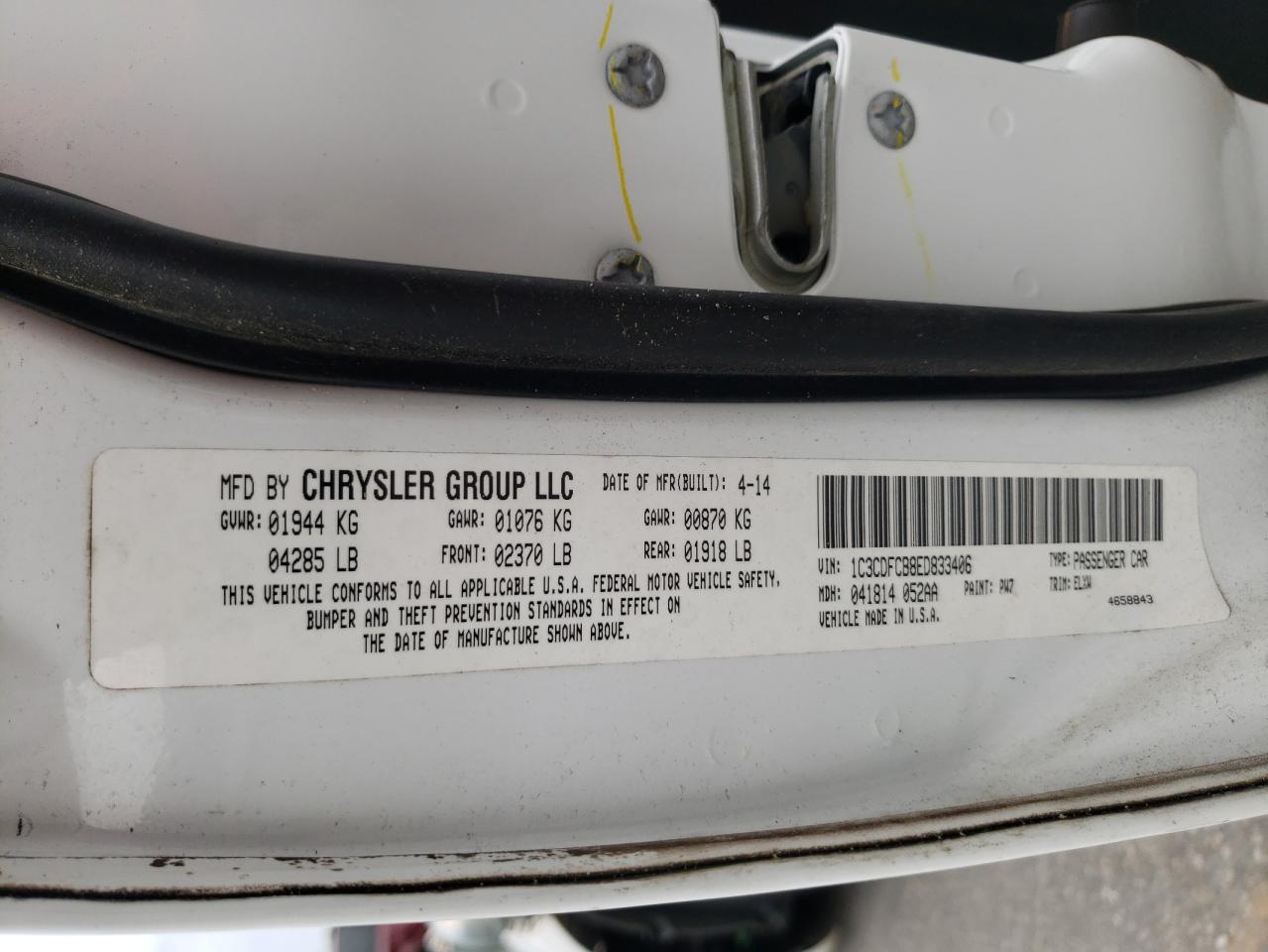 Photo 10 from auction – 2014 DODGE DART LIMIT with VIN 1C3CDFCB8ED833406