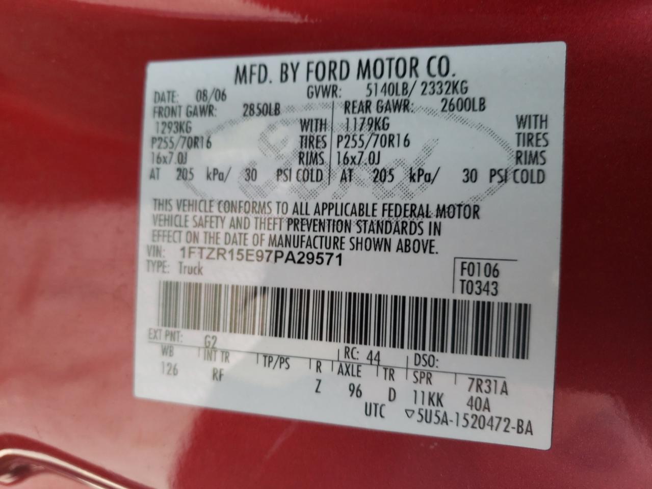 Photo 10 from auction – 2007 FORD RANGER SUP with VIN 1FTZR15E97PA29571