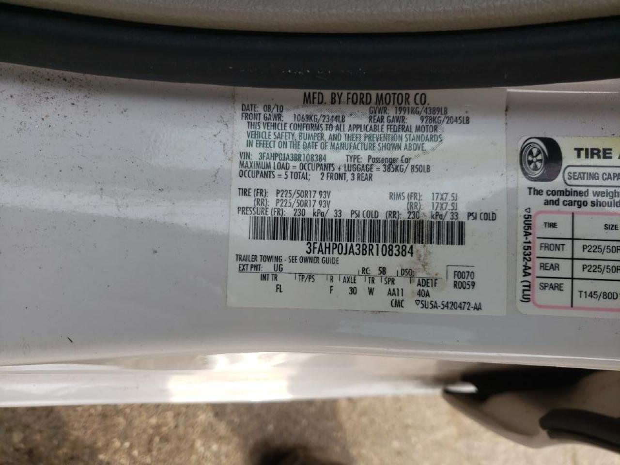 Photo 10 from auction – 2011 FORD FUSION SEL with VIN 3FAHP0JA3BR108384