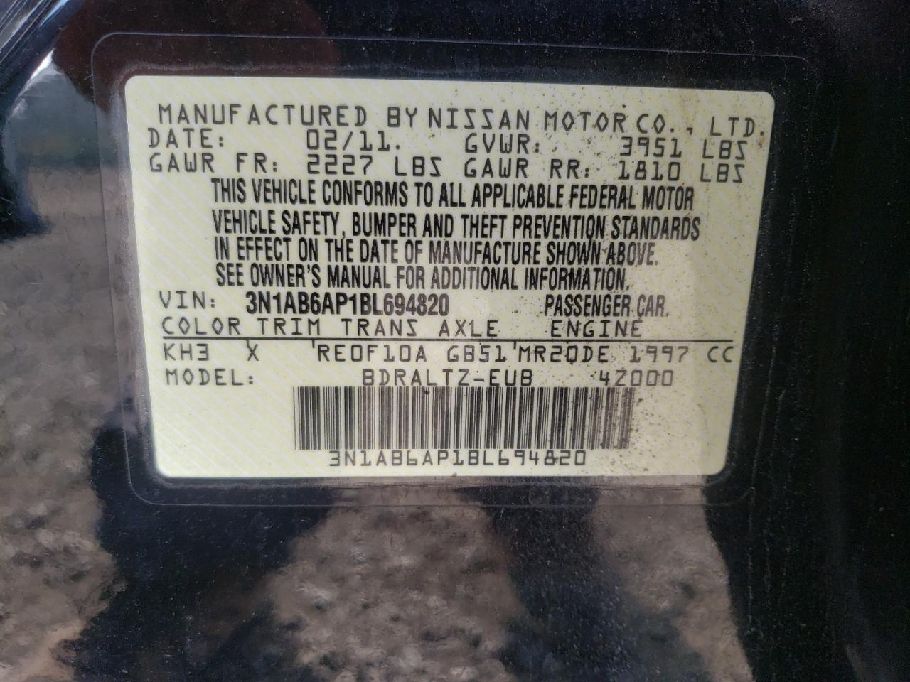 Photo 10 from auction – 2011 NISSAN SENTRA 2.0 with VIN 3N1AB6AP1BL694820
