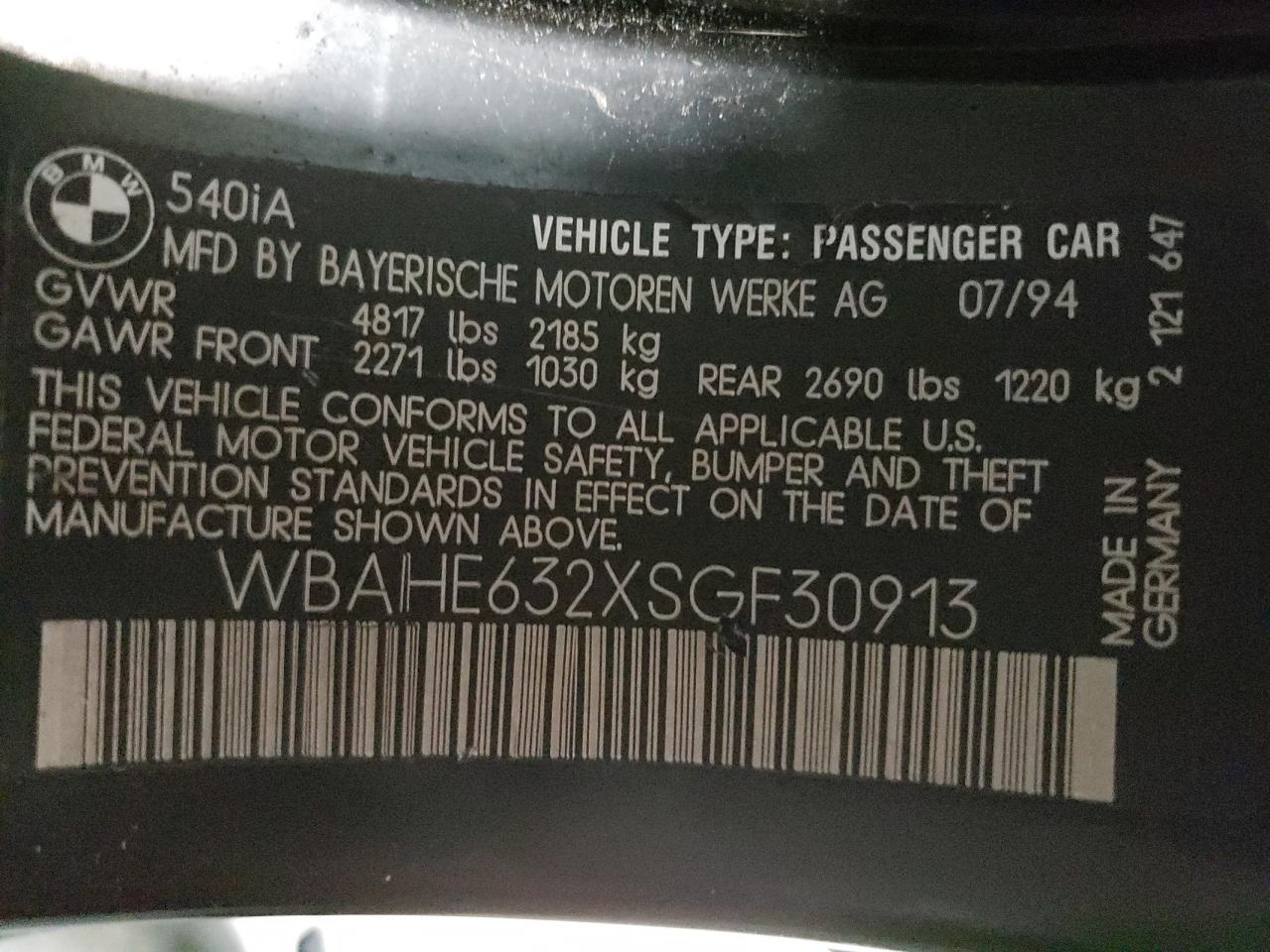 Photo 10 from auction – 1995 BMW 540 I AUTO with VIN WBAHE632XSGF30913