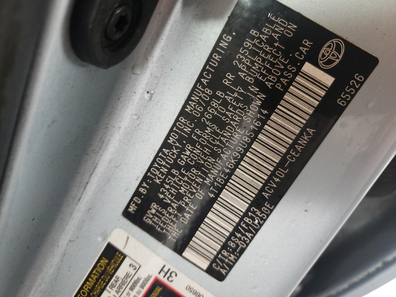 Photo 10 from auction – 2009 TOYOTA CAMRY with VIN 4T1BE46K99U851614