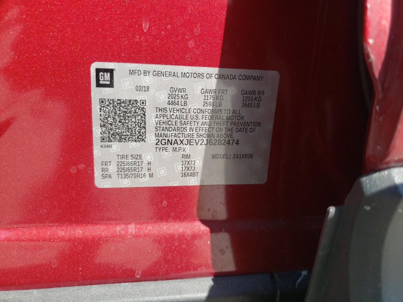 Photo 10 from auction – 2018 CHEVROLET EQUINOX LT with VIN 2GNAXJEV2J6282474