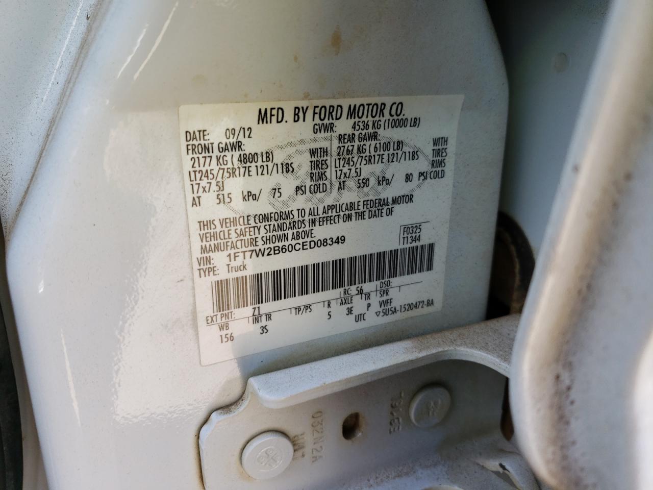 Photo 10 from auction – 2012 FORD F250 SUPER with VIN 1FT7W2B60CED08349