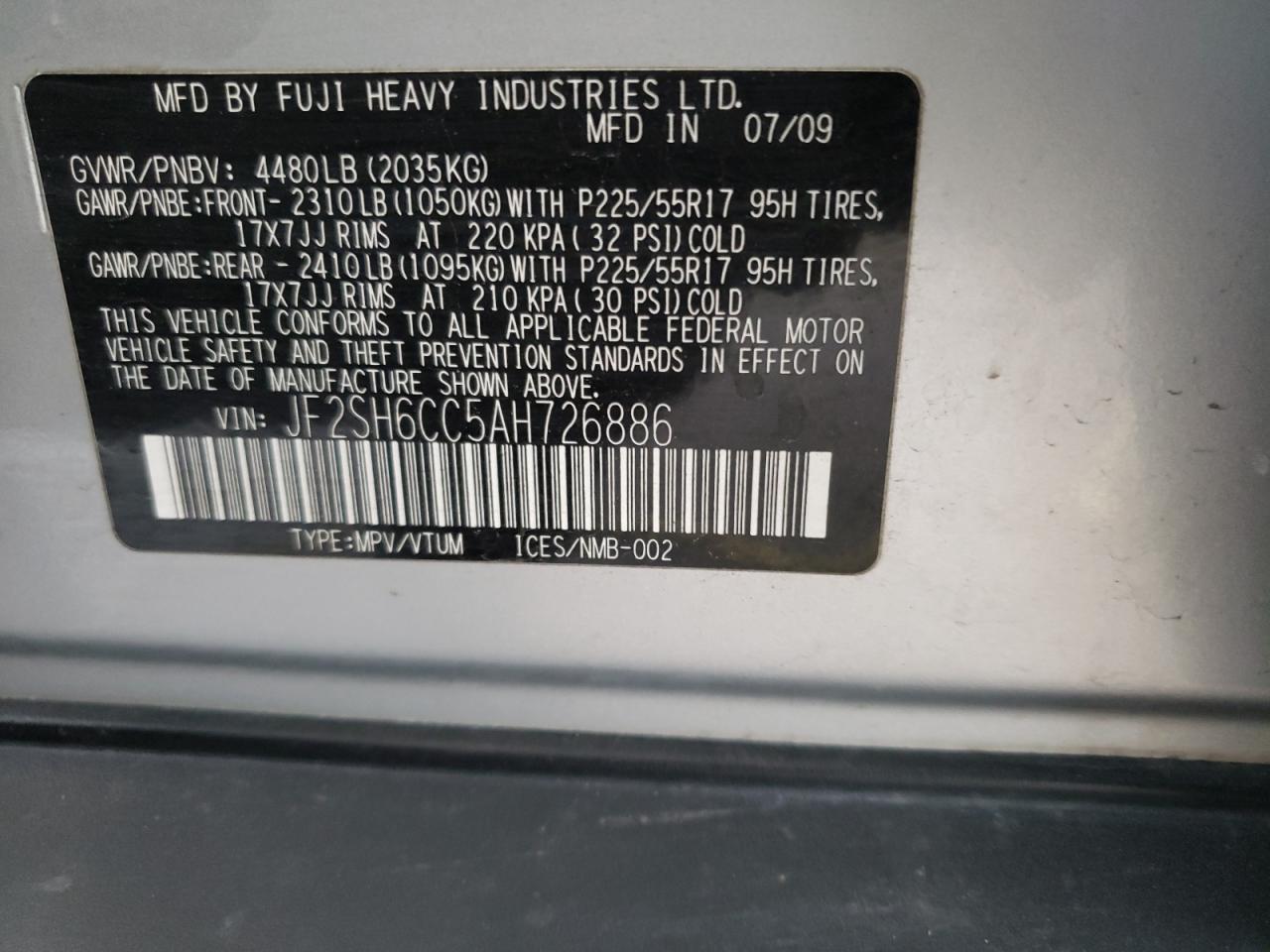 Photo 10 from auction – 2010 SUBARU FORESTER X with VIN JF2SH6CC5AH726886