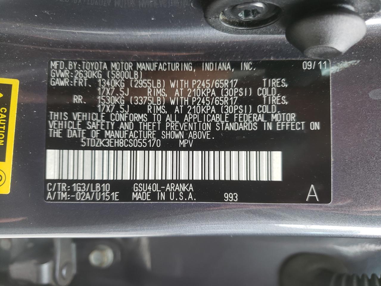 Photo 10 from auction – 2012 TOYOTA HIGHLANDER with VIN 5TDZK3EH8CS055170