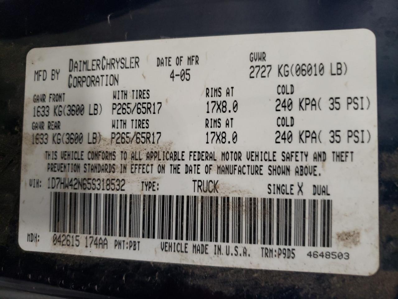 Photo 10 from auction – 2005 DODGE DAKOTA SLT with VIN 1D7HW42N65S318532