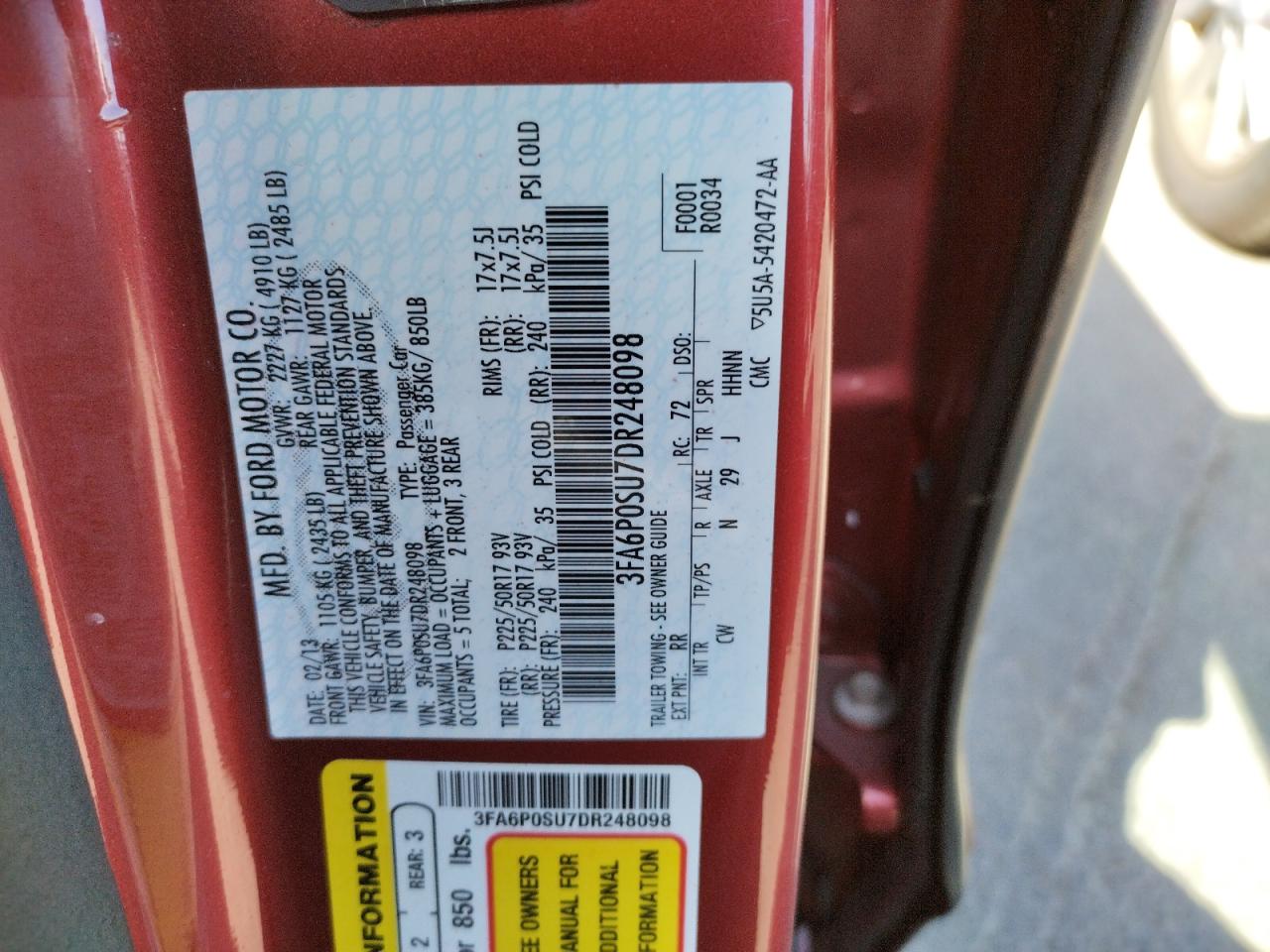 Photo 10 from auction – 2013 FORD FUSION TIT with VIN 3FA6P0SU7DR248098