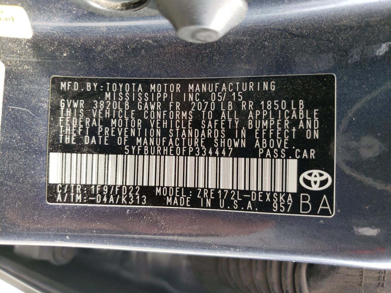 Photo 10 from auction – 2015 TOYOTA COROLLA L with VIN 5YFBURHE0FP334447