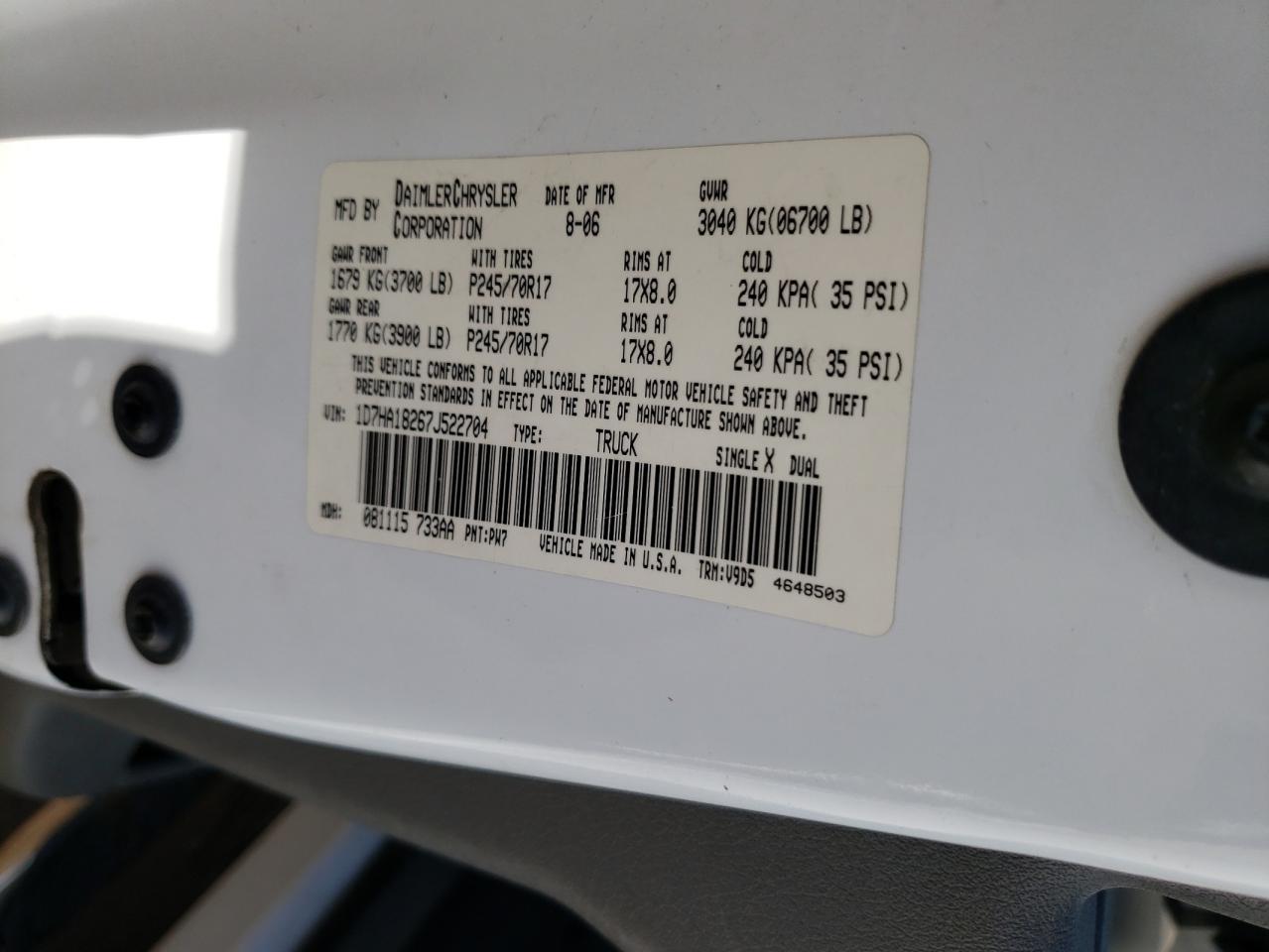 Photo 10 from auction – 2007 DODGE RAM 1500 S with VIN 1D7HA18267J522704