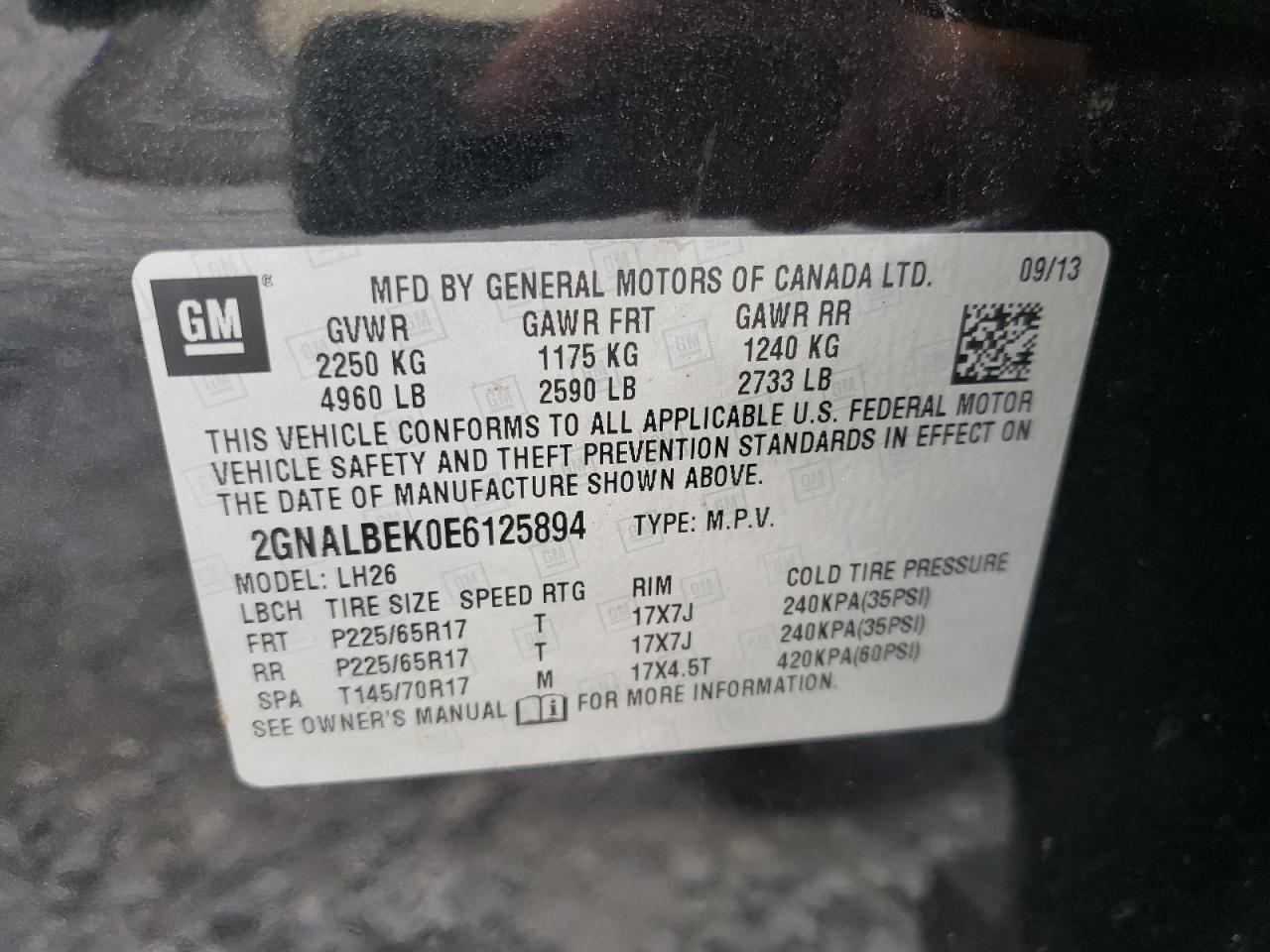 Photo 10 from auction – 2014 CHEVROLET EQUINOX LT with VIN 2GNALBEK0E6125894