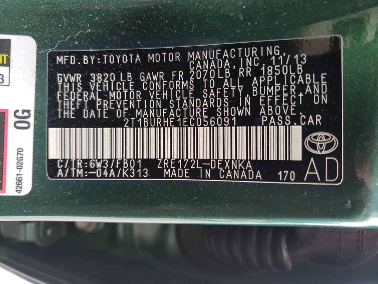 Photo 10 from auction – 2014 TOYOTA COROLLA L with VIN 2T1BURHE1EC056091