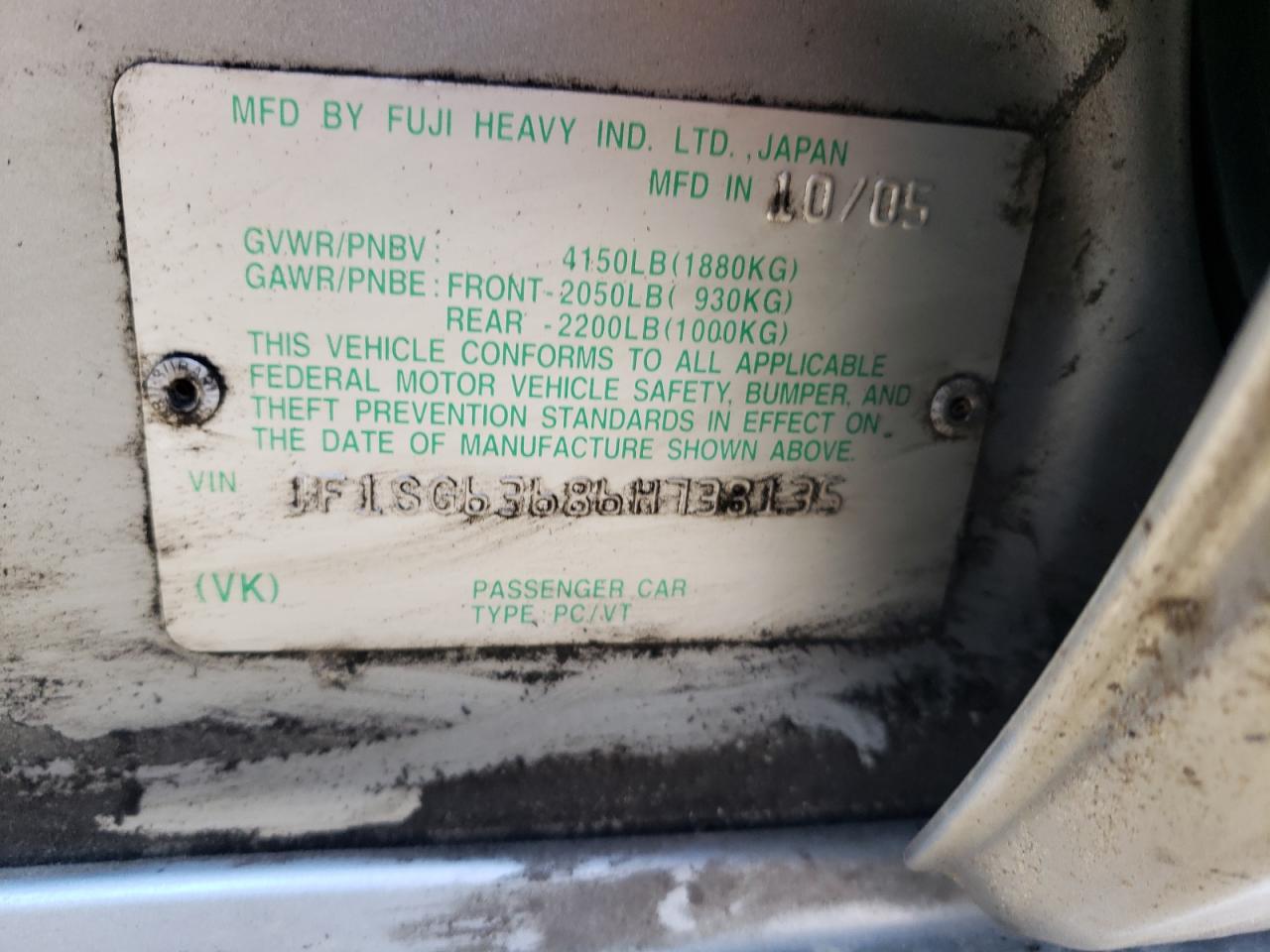 Photo 10 from auction – 2006 SUBARU FORESTER 2 with VIN JF1SG63686H738135