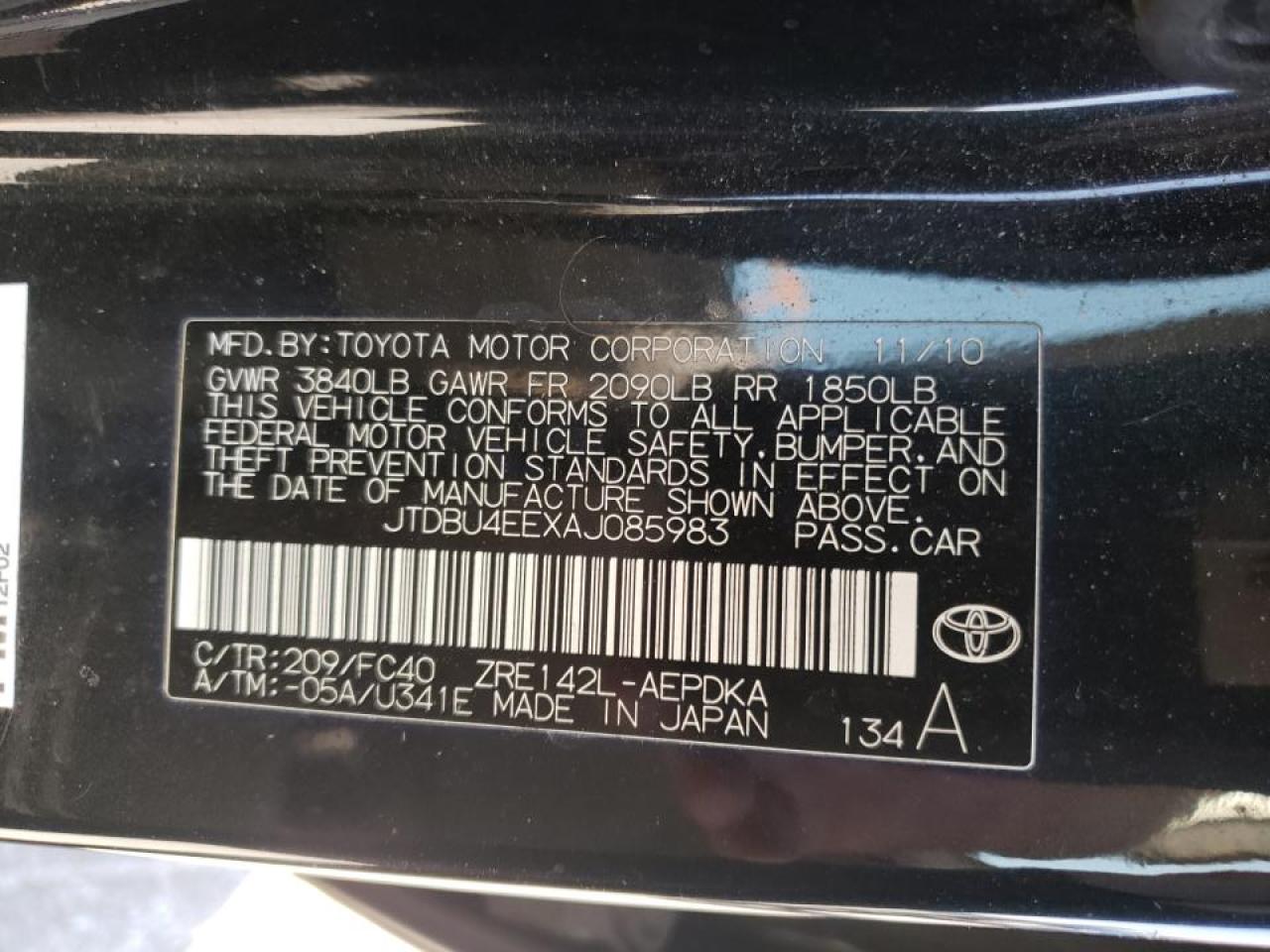 Photo 10 from auction – 2010 TOYOTA COROLLA BA with VIN JTDBU4EEXAJ085983