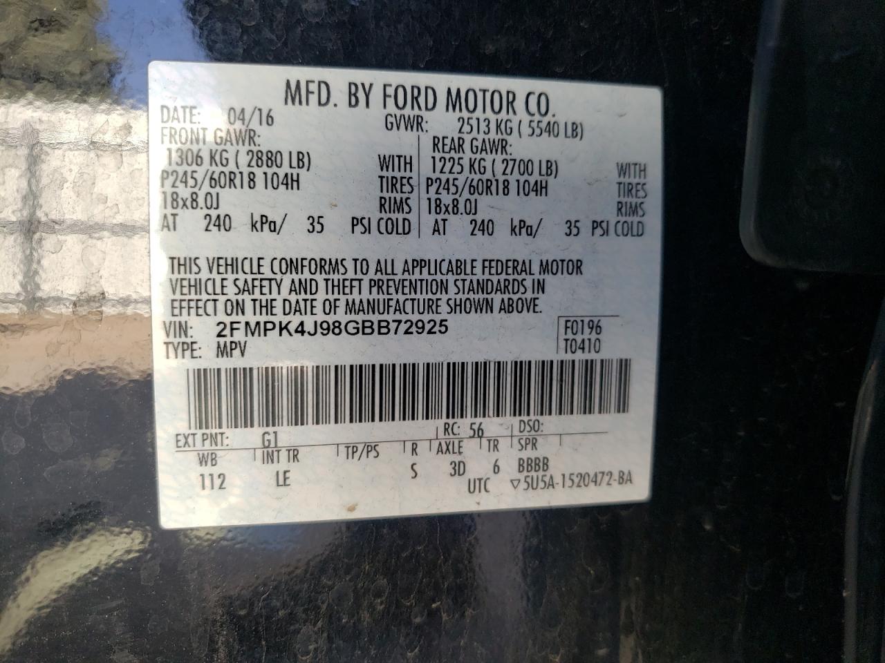 Photo 10 from auction – 2016 FORD EDGE SEL with VIN 2FMPK4J98GBB72925