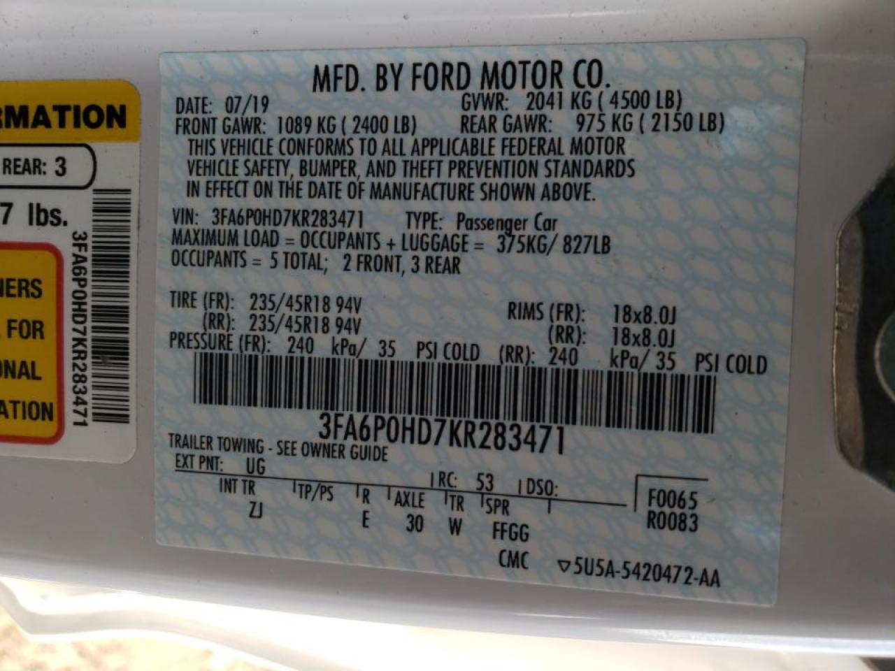 Photo 10 from auction – 2019 FORD FUSION SE with VIN 3FA6P0HD7KR283471