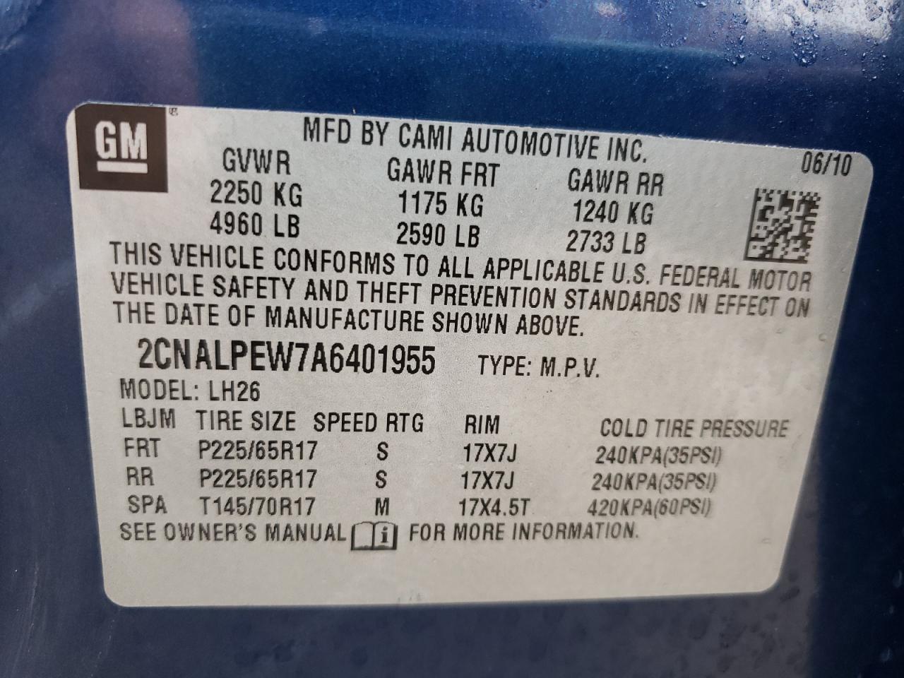 Photo 10 from auction – 2010 CHEVROLET EQUINOX LT with VIN 2CNALPEW7A6401955