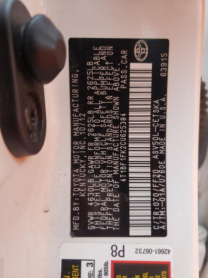 Photo 10 from auction – 2012 TOYOTA CAMRY BASE with VIN 4T1BF1FK2CU625384