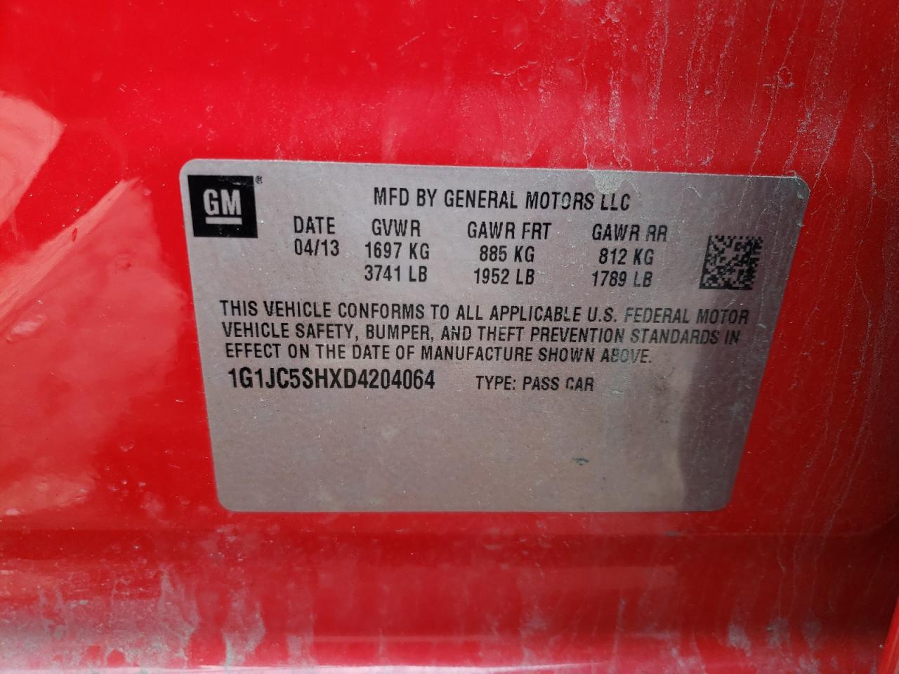 Photo 10 from auction – 2013 CHEVROLET SONIC LT with VIN 1G1JC5SHXD4204064