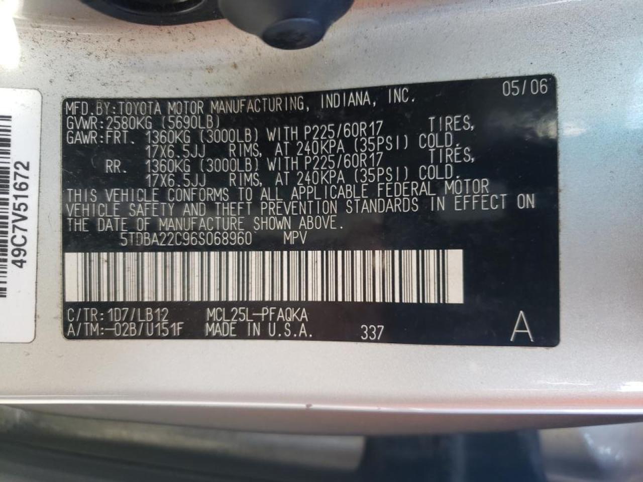 Photo 10 from auction – 2006 TOYOTA SIENNA XLE with VIN 5TDBA22C96S068960