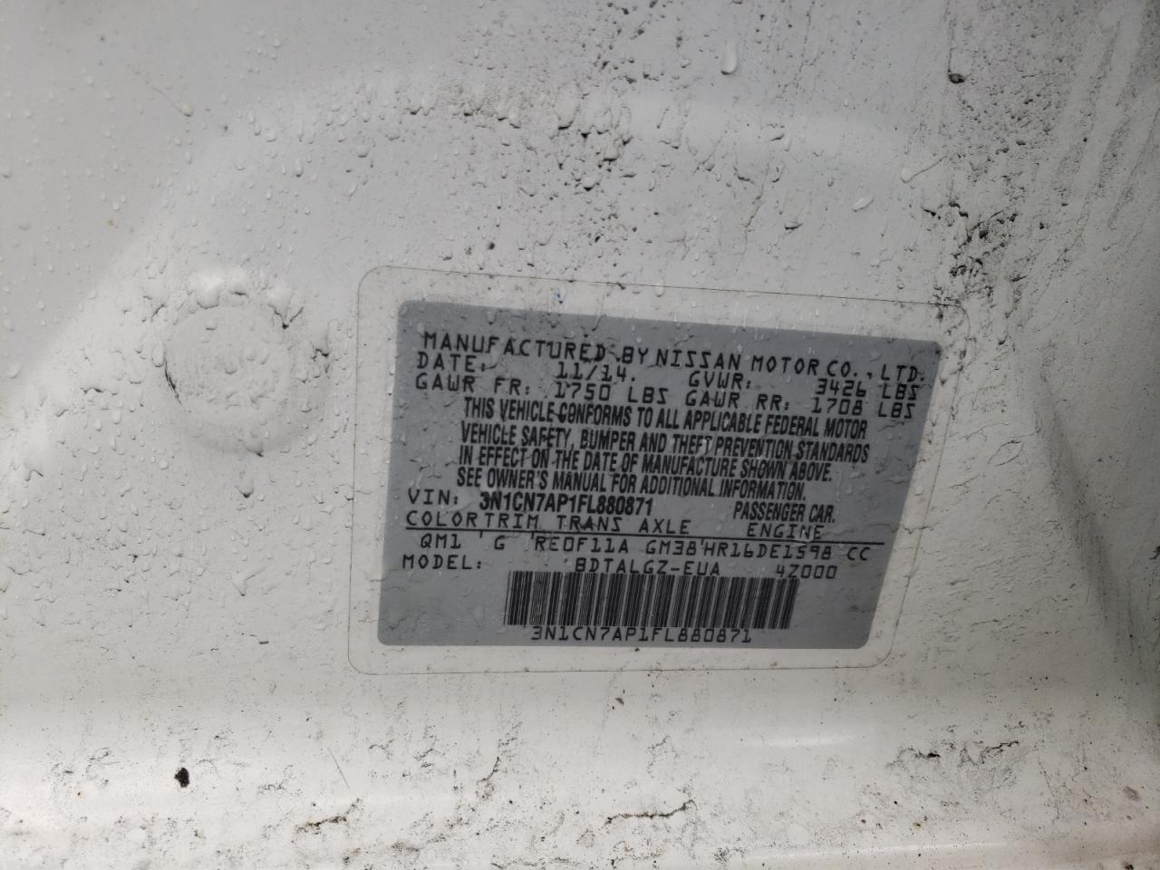 Photo 10 from auction – 2015 NISSAN VERSA S with VIN 3N1CN7AP1FL880871
