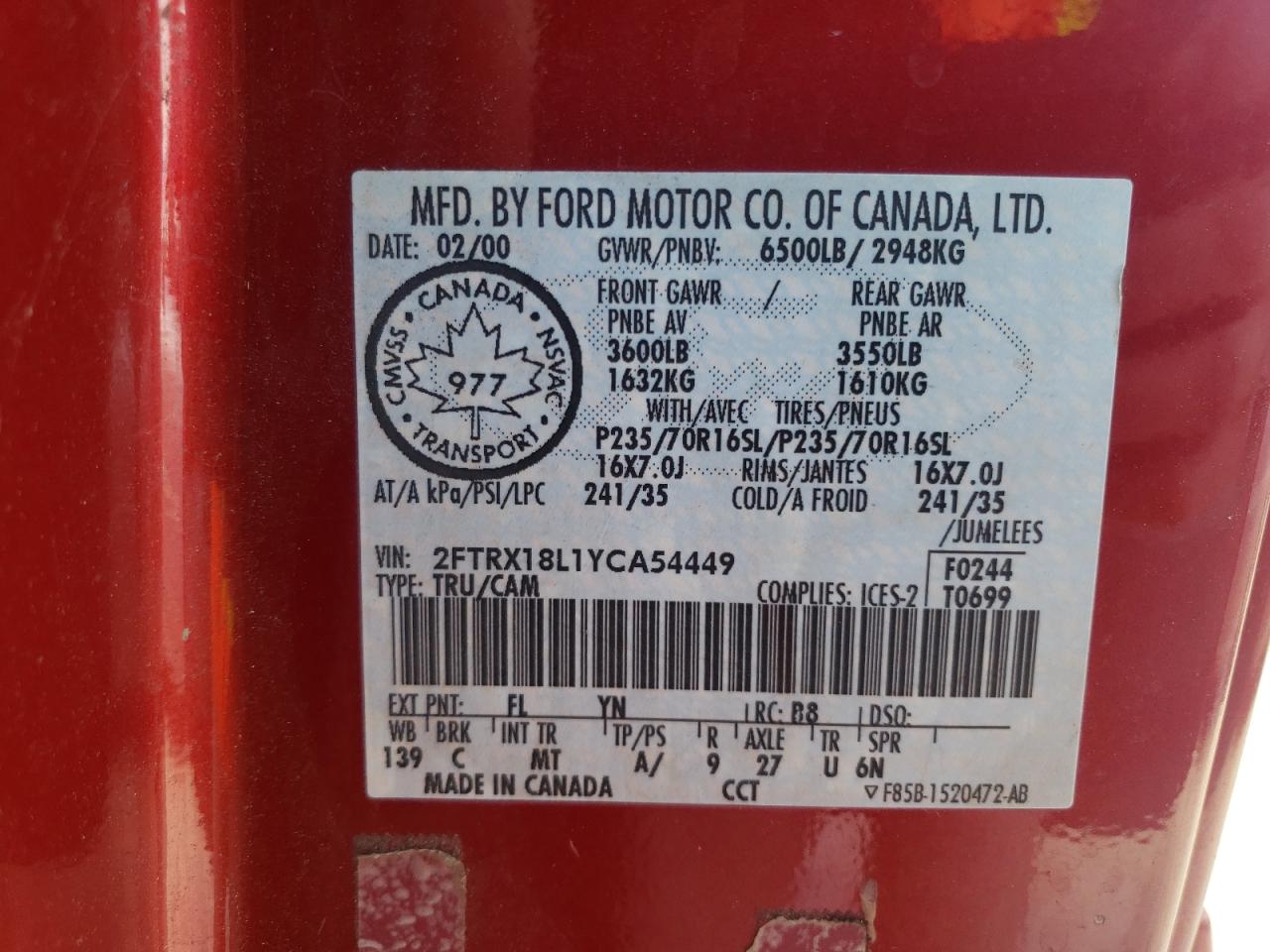 Photo 10 from auction – 2000 FORD F150 with VIN 2FTRX18L1YCA54449
