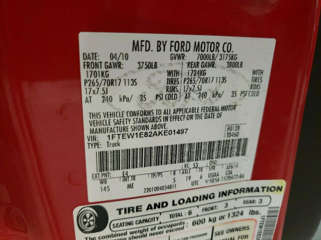 Photo 10 from auction – 2010 FORD F150 SUPER with VIN 1FTEW1E82AKE01497