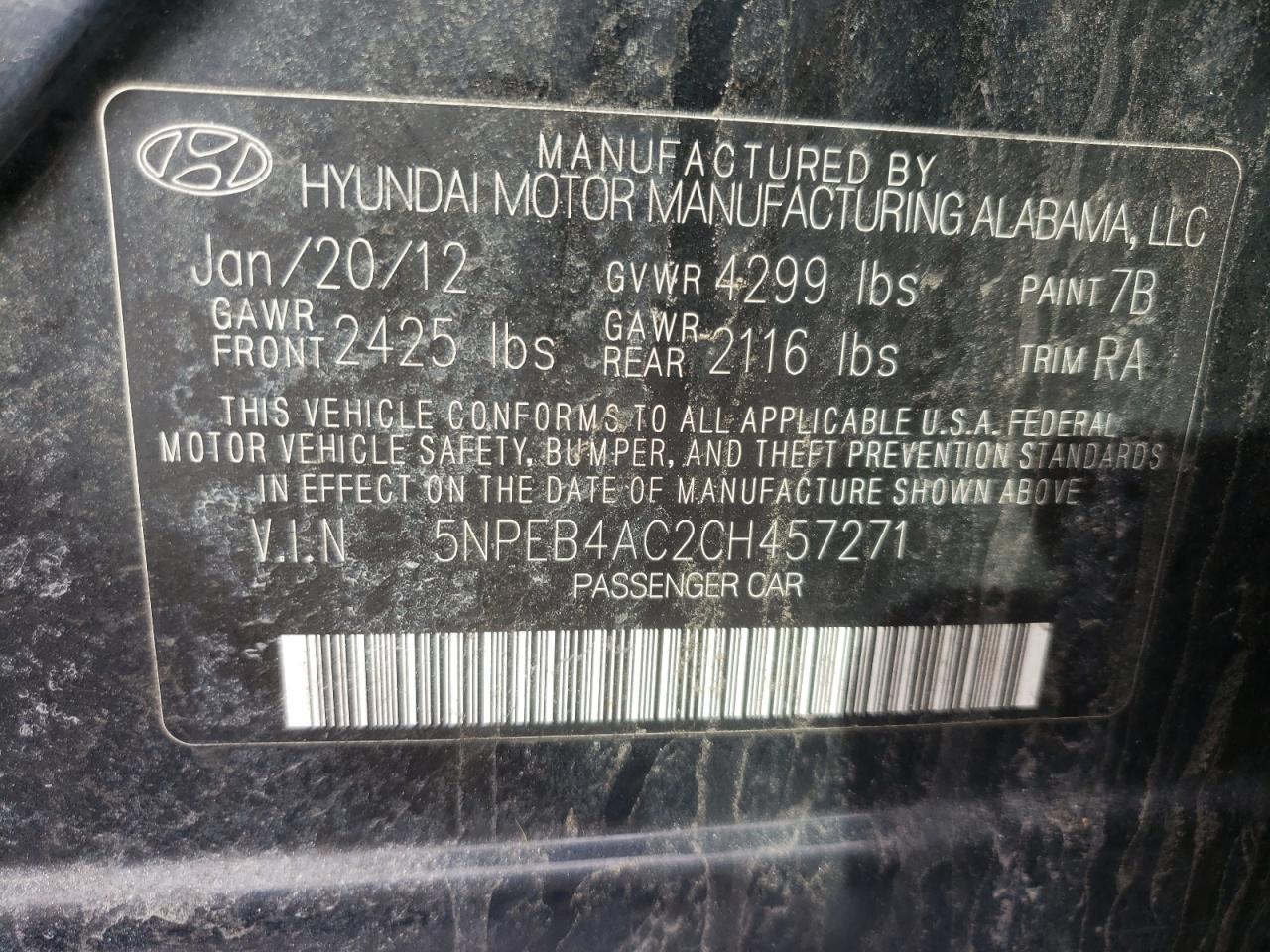 Photo 10 from auction – 2012 HYUNDAI SONATA GLS with VIN 5NPEB4AC2CH457271