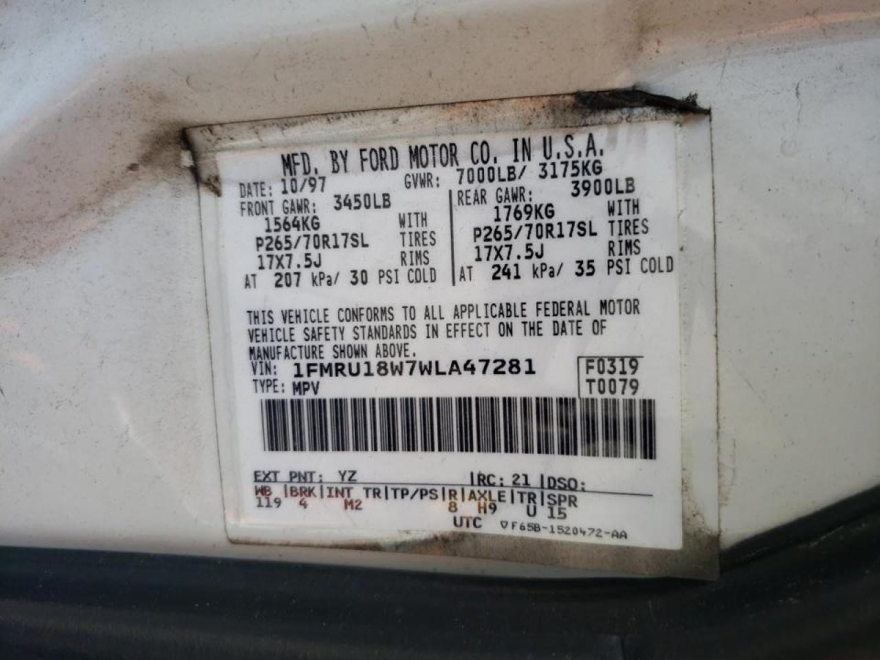 Photo 10 from auction – 1998 FORD EXPEDITION with VIN 1FMRU18W7WLA47281