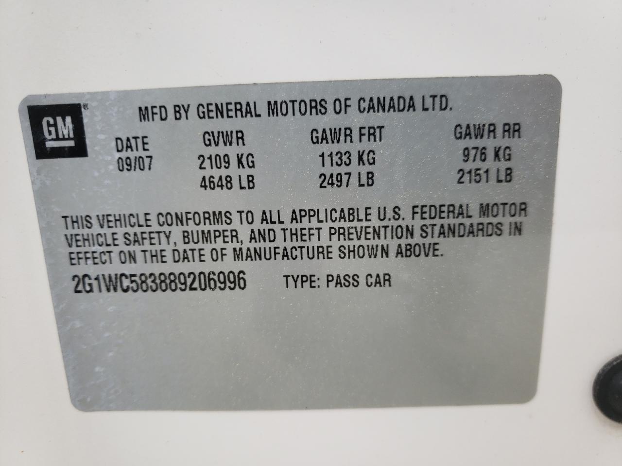 Photo 10 from auction – 2008 CHEVROLET IMPALA LT with VIN 2G1WC583889206996