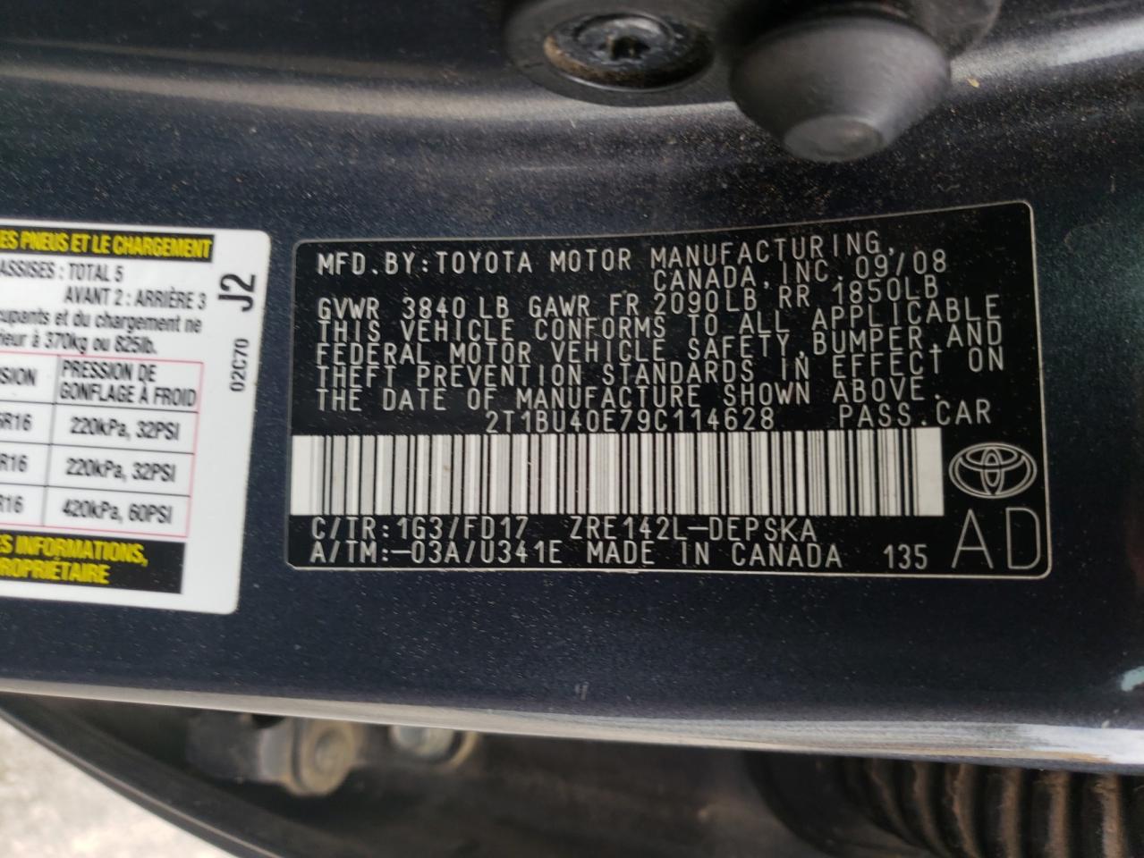Photo 10 from auction – 2009 TOYOTA COROLLA BA with VIN 2T1BU40E79C114628