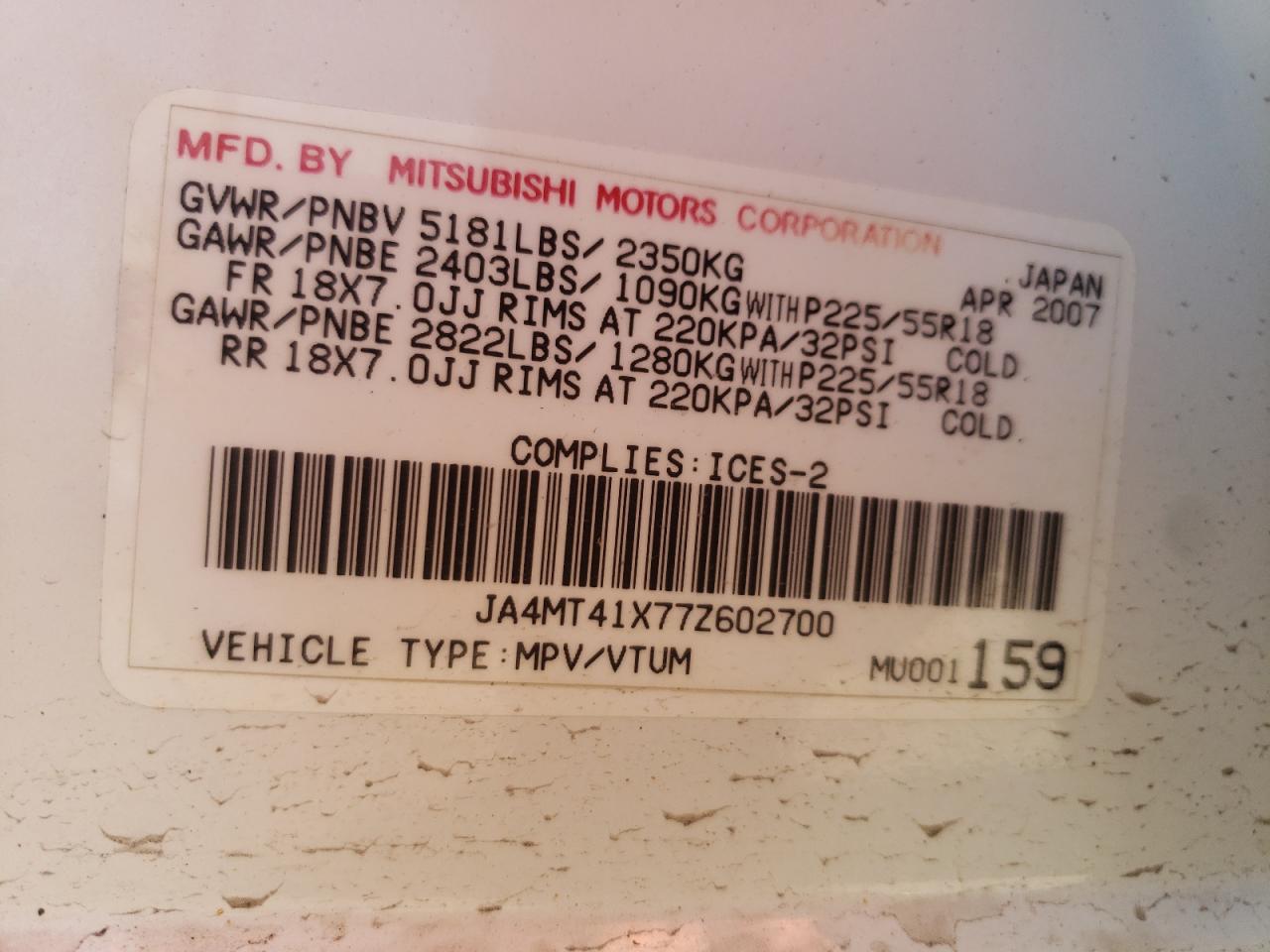 Photo 10 from auction – 2007 MITSUBISHI OUTLANDER with VIN JA4MT41X77Z602700