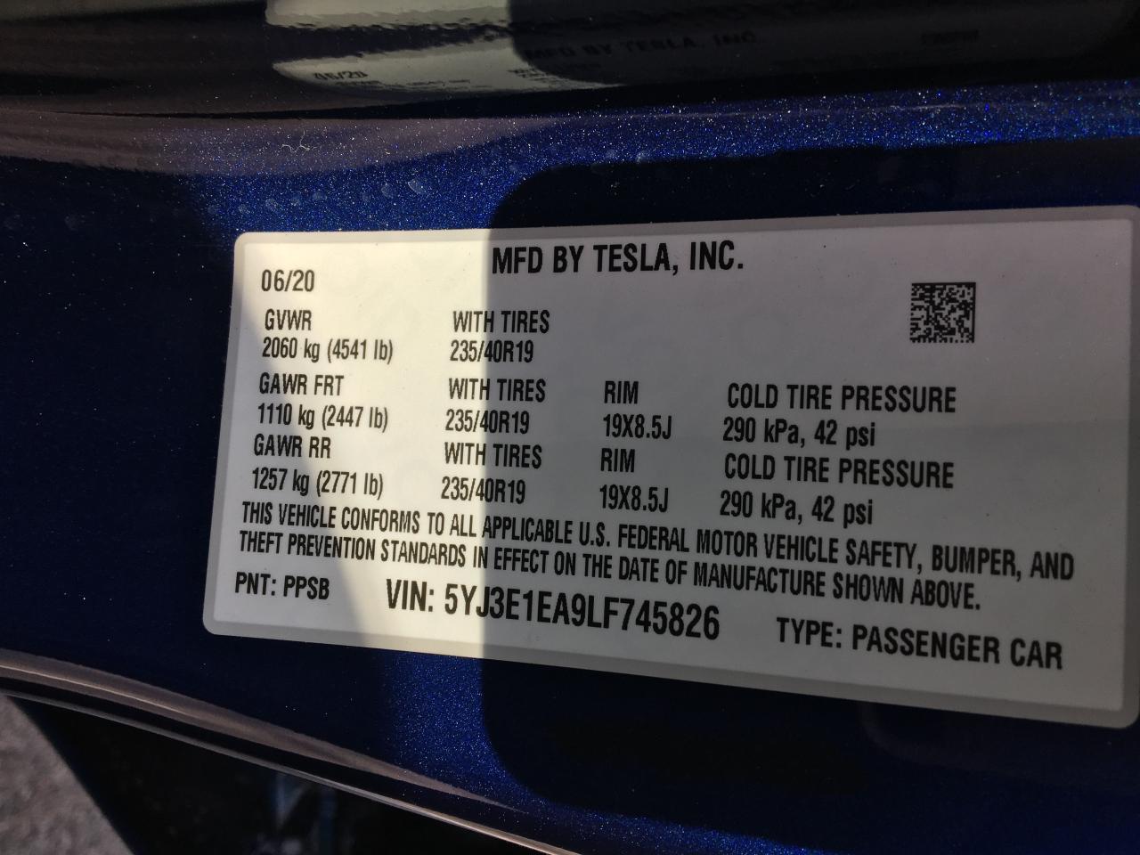 Photo 10 from auction – 2020 TESLA MODEL 3 with VIN 5YJ3E1EA9LF745826
