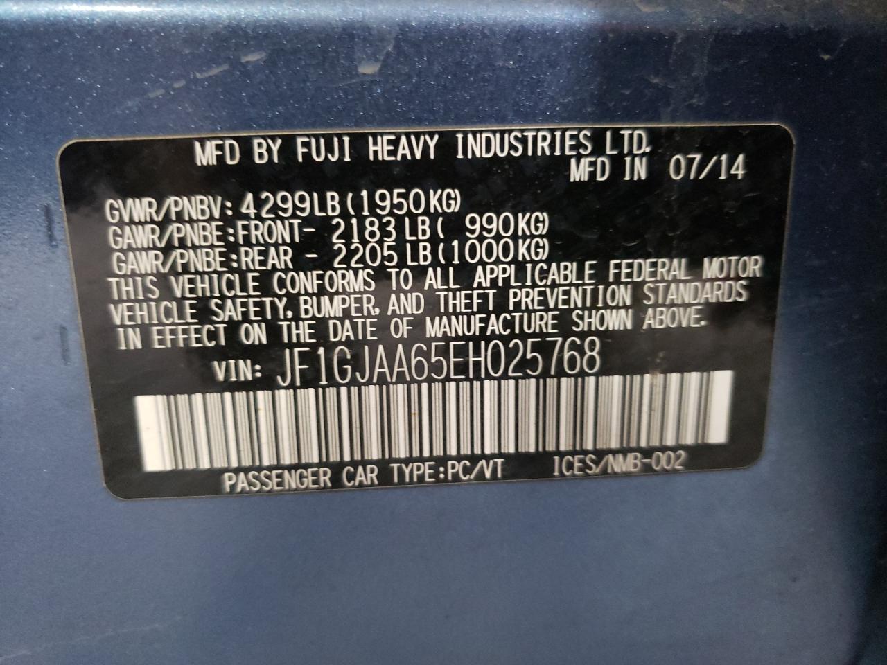 Foto 10 de la subasta – 2014 SUBARU IMPREZA con VIN JF1GJAA65EH025768