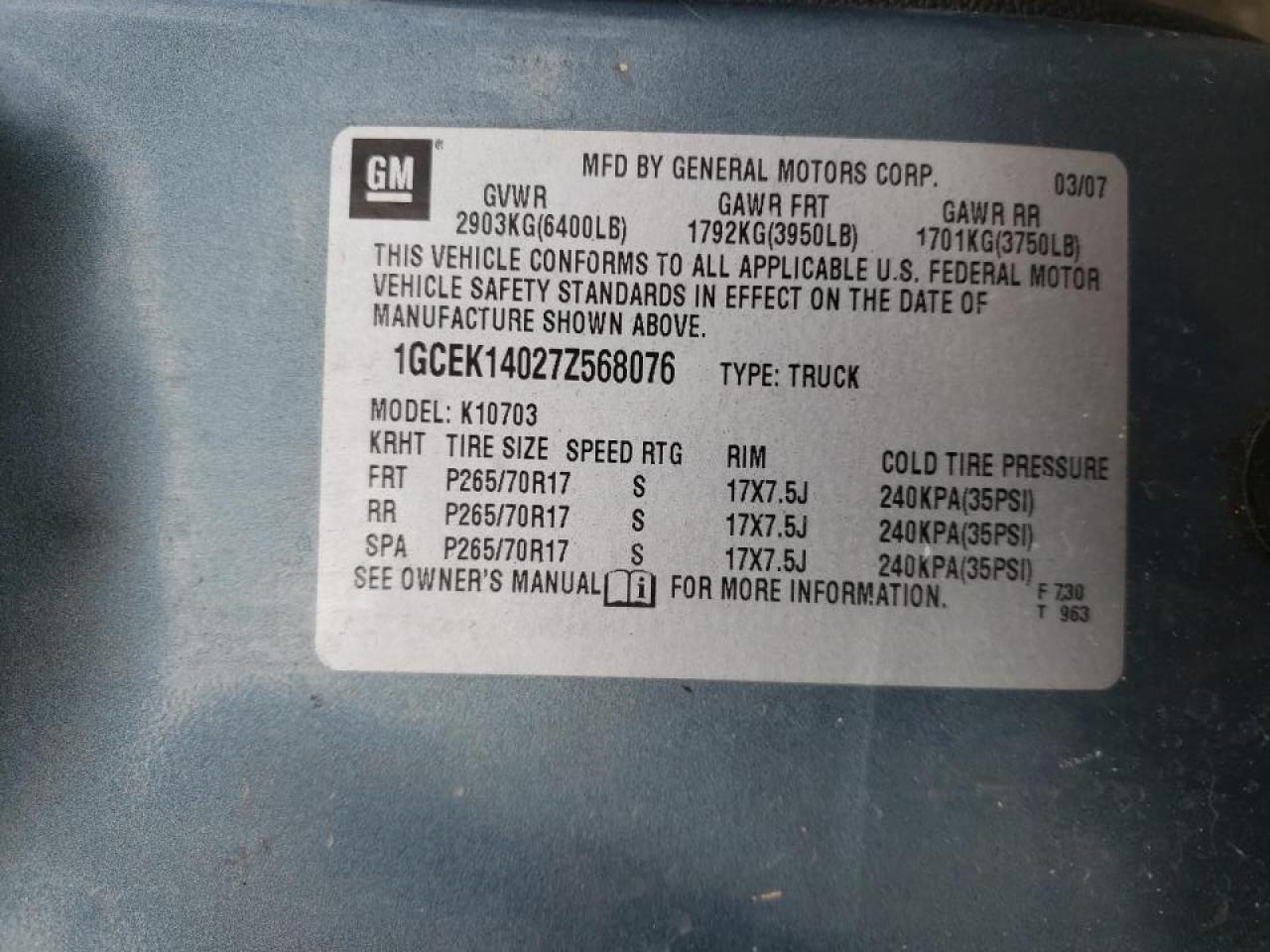 Photo 10 from auction – 2007 CHEVROLET SILVERADO with VIN 1GCEK14027Z568076