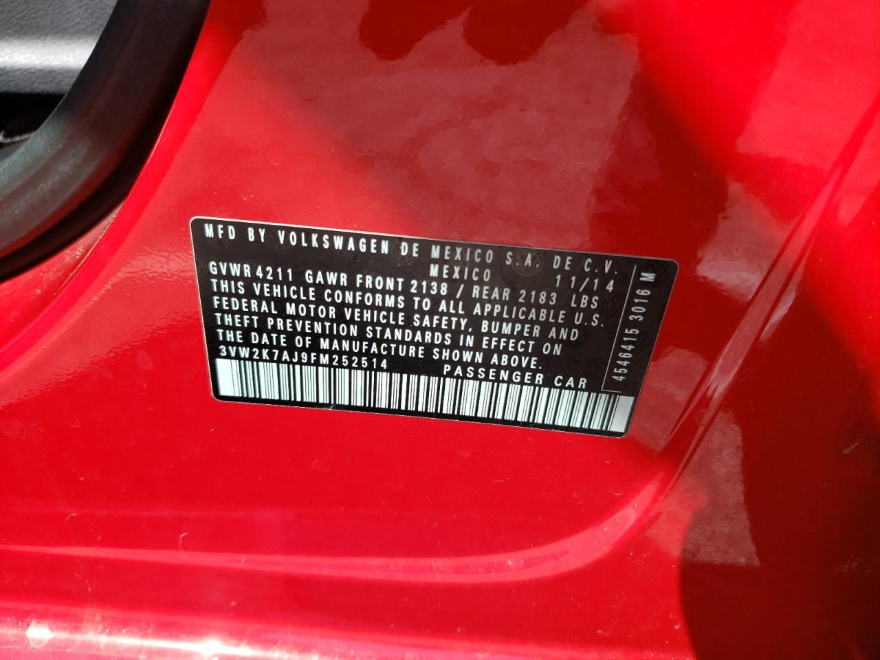 Photo 10 from auction – 2015 VOLKSWAGEN JETTA BASE with VIN 3VW2K7AJ9FM252514