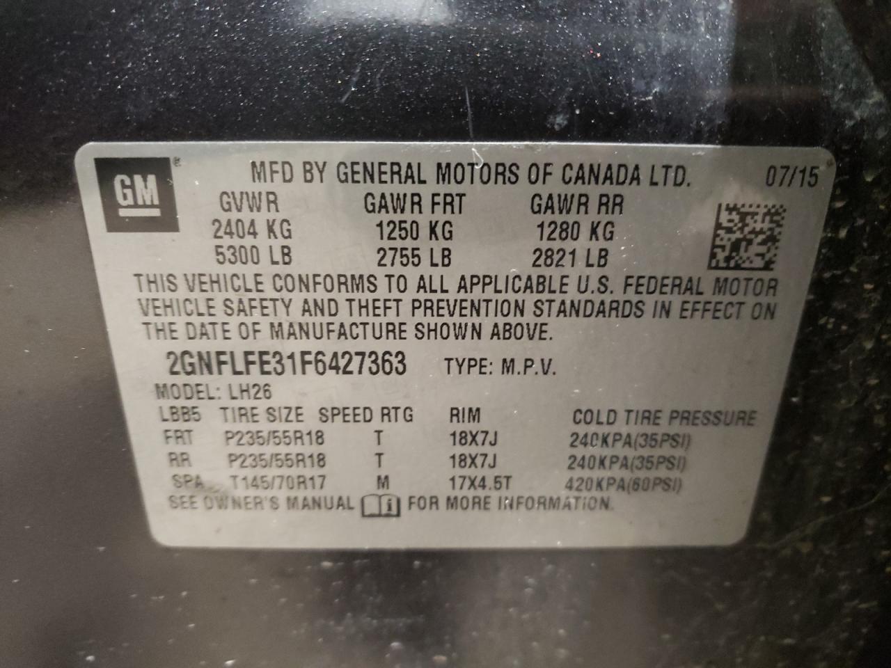 Photo 10 from auction – 2015 CHEVROLET EQUINOX LT with VIN 2GNFLFE31F6427363