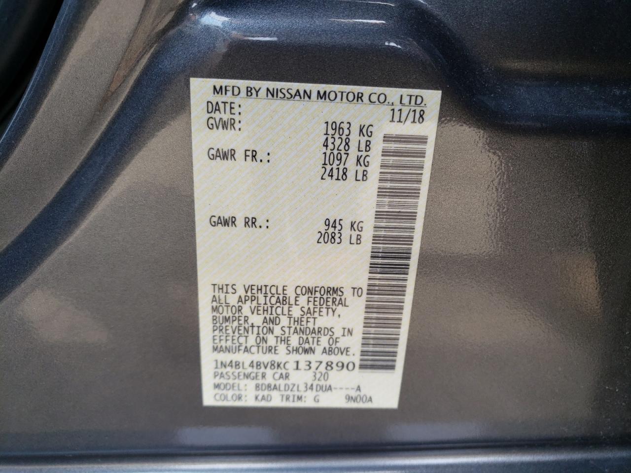 Photo 10 from auction – 2019 NISSAN ALTIMA S with VIN 1N4BL4BV8KC137890