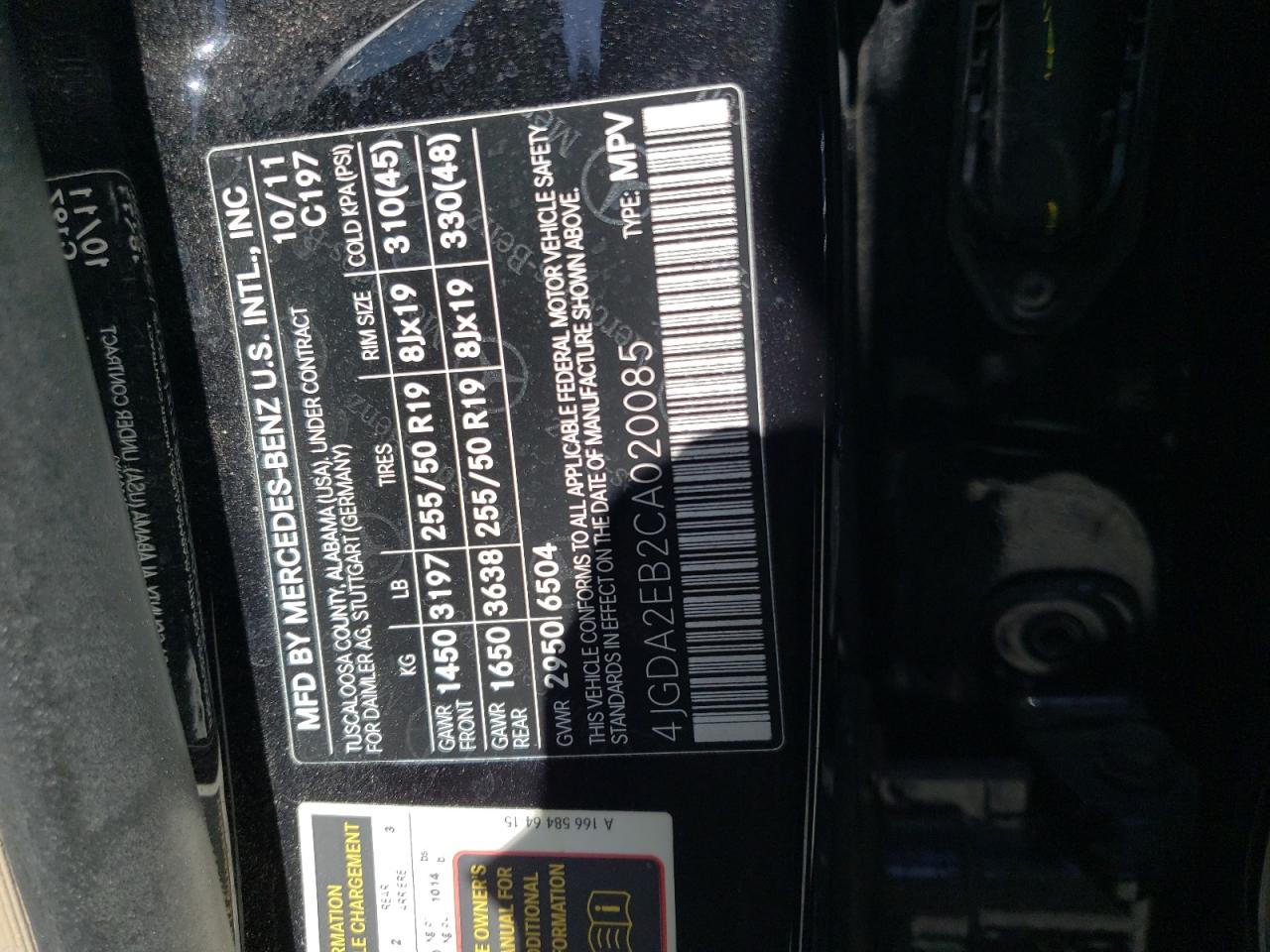 Photo 10 from auction – 2012 MERCEDES-BENZ ML 350 BLU with VIN 4JGDA2EB2CA020085