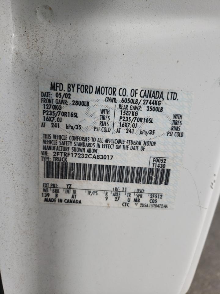 Photo 10 from auction – 2002 FORD F150 with VIN 2FTRF17232CA83017