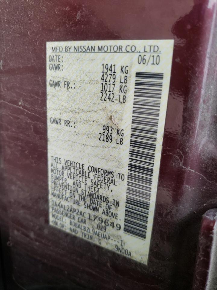 Photo 10 from auction – 2010 NISSAN ALTIMA BAS with VIN 1N4AL2AP2AC179649