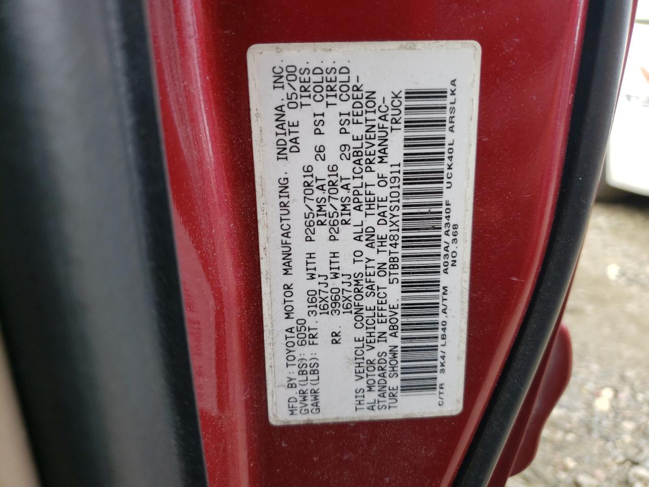 Photo 10 from auction – 2000 TOYOTA TUNDRA ACC with VIN 5TBBT481XYS101911