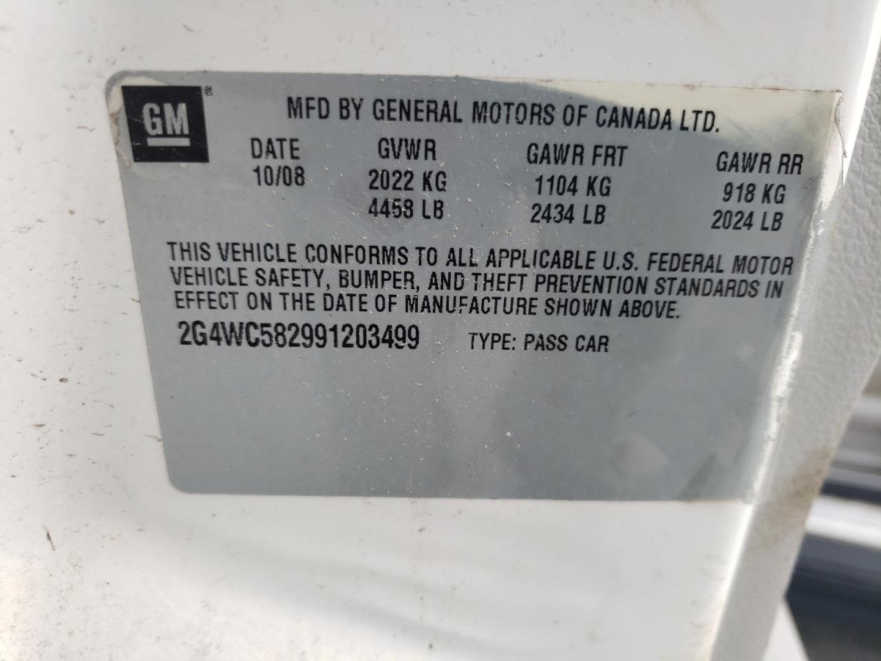 Photo 10 from auction – 2009 BUICK LACROSSE C with VIN 2G4WC582991203499