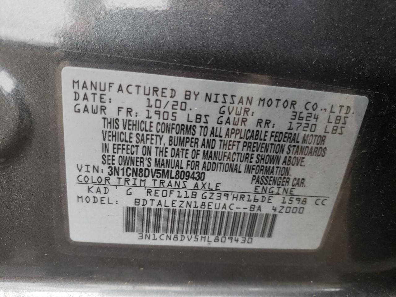 Photo 10 from auction – 2021 NISSAN VERSA S with VIN 3N1CN8DV5ML809430