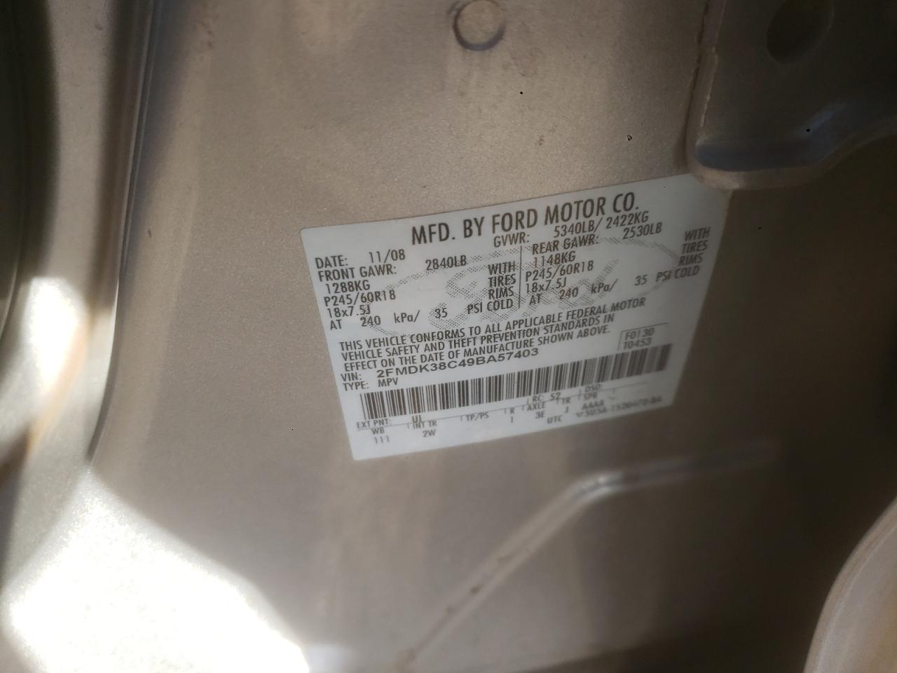 Photo 10 from auction – 2009 FORD EDGE SEL with VIN 2FMDK38C49BA57403
