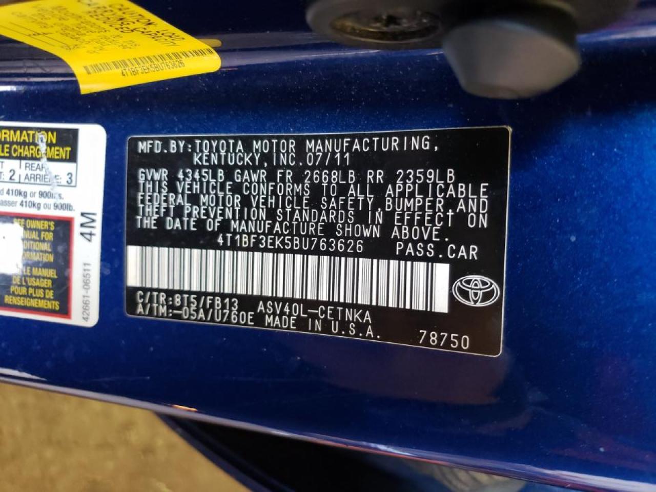 Photo 10 from auction – 2011 TOYOTA CAMRY with VIN 4T1BF3EK5BU763626