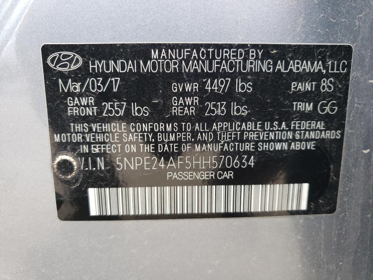 Photo 10 from auction – 2017 HYUNDAI SONATA SE with VIN 5NPE24AF5HH570634