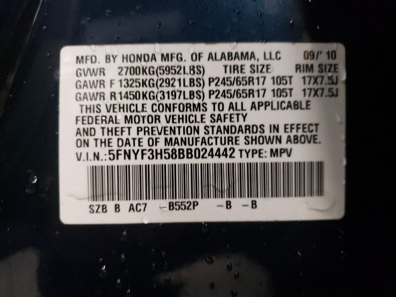 Photo 10 from auction – 2011 HONDA PILOT EXL with VIN 5FNYF3H58BB024442