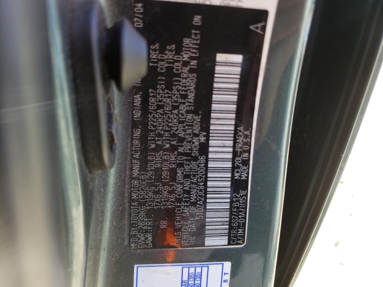 Photo 10 from auction – 2004 TOYOTA SIENNA CE with VIN 5TDZA23C84S200486