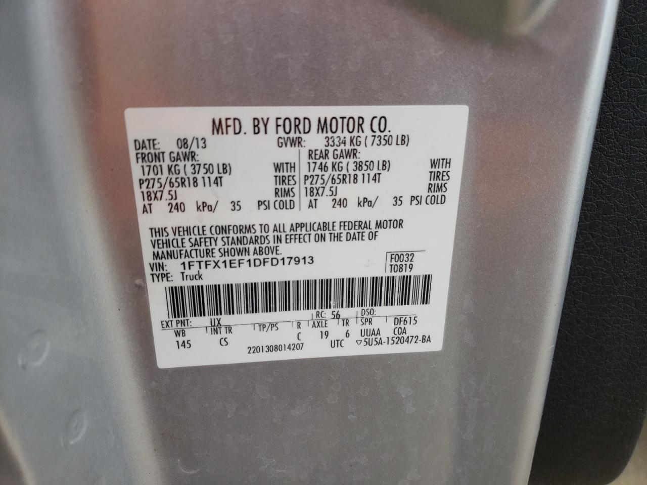 Photo 10 from auction – 2013 FORD F150 SUPER with VIN 1FTFX1EF1DFD17913